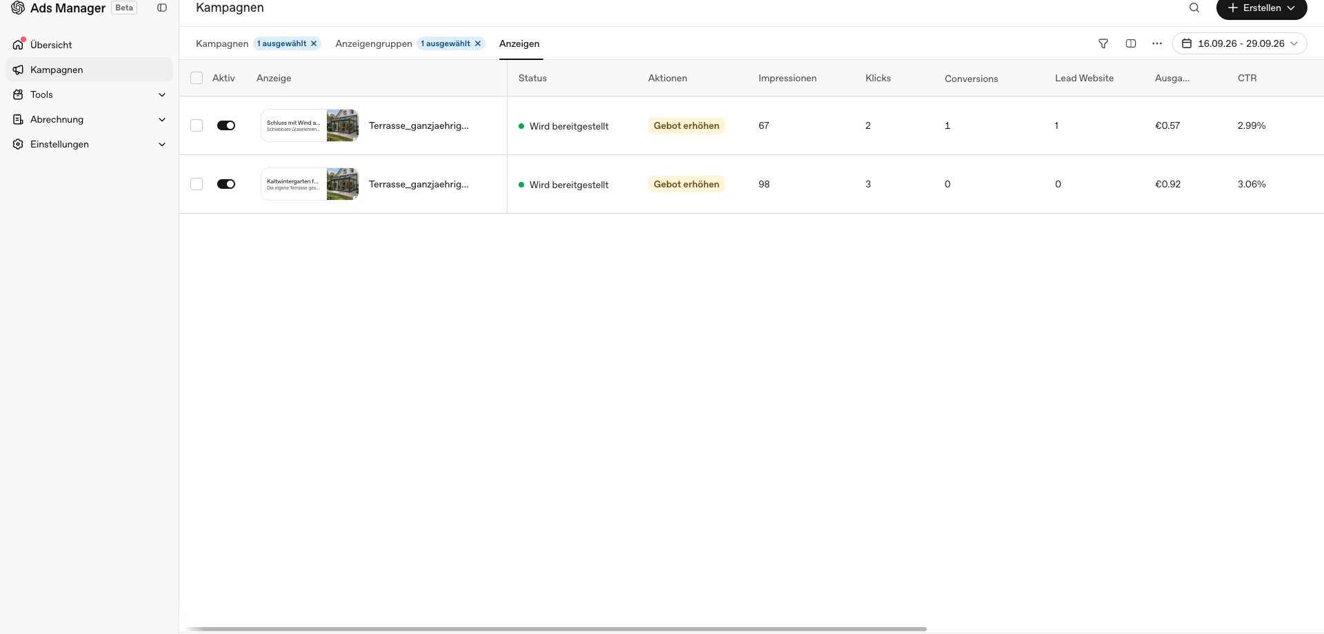 Dos anuncios de GPT Ads anonimizados, uno de ellos con una conversión y un lead web